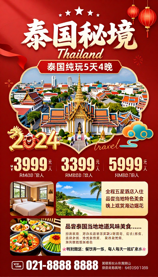 泰国秘境:中国风喜庆旅游宣传海报