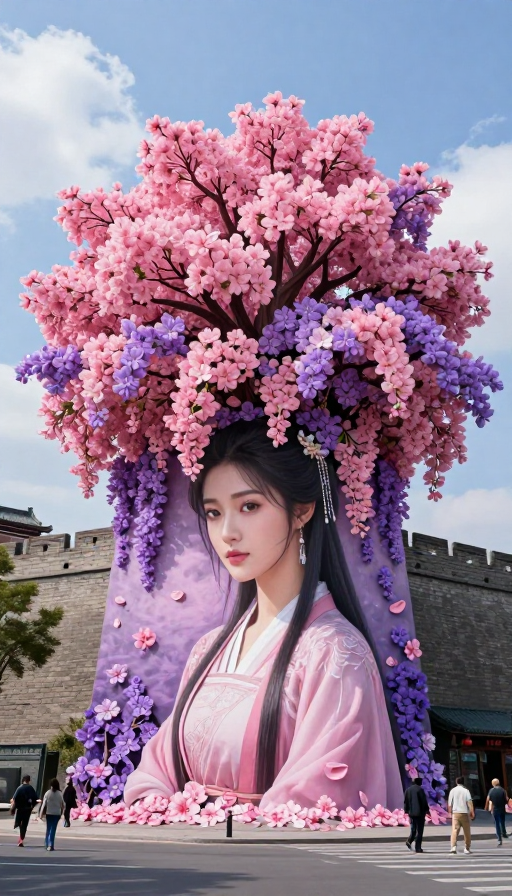 国风壁画:花树掩映下的汉服美人