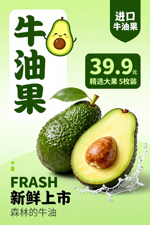 绿色清新风牛油果进口促销海报