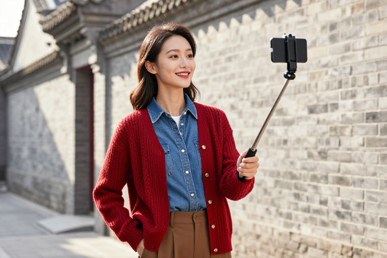 亚洲女性红蓝穿搭中式巷道自然光人像摄影