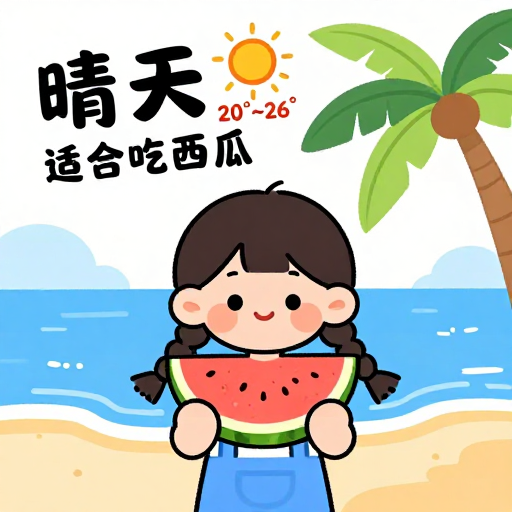 夏日漫画插画:海滩女孩与西瓜的清凉晴天