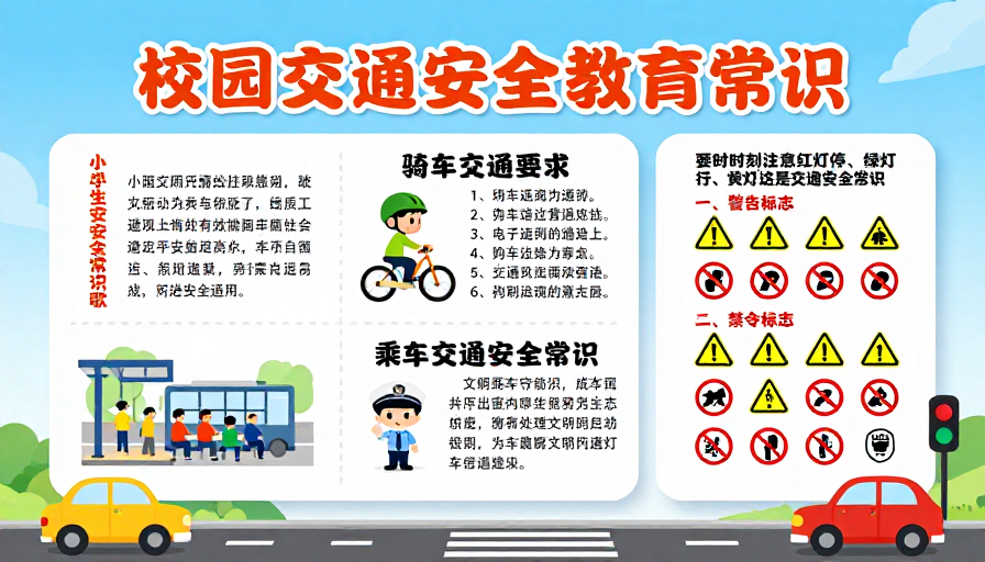 校园交通安全教育海报:蓝白清新设计,儿童友好知识普及