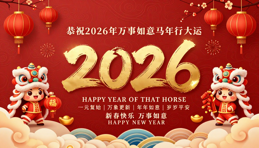 2026马年吉祥海报：红金立体书法与舞狮插画