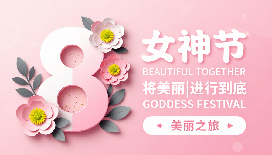 清新优雅女神节海报,粉色渐变配立体纸艺装饰