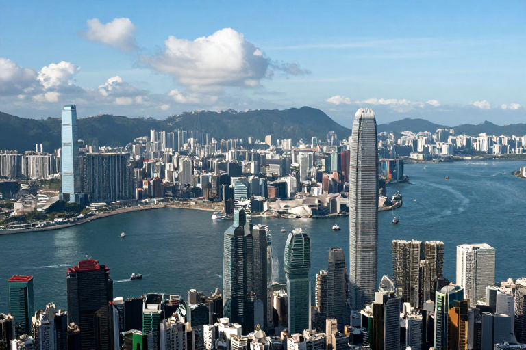 维多利亚港都市风光：摩天楼群与蓝海交响