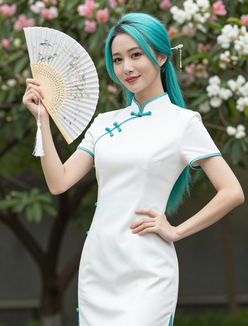 青绿旗袍美人持扇微笑