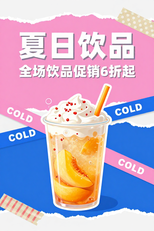 夏日饮品促销:撕纸拼贴清新插画海报设计