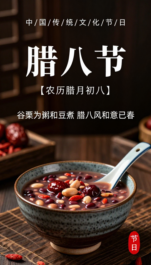 中式传统腊八节海报:深棕墨黑中的温暖粥韵
