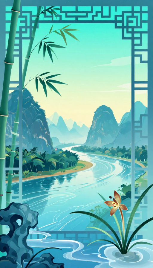宋代美学与超现实流体交融的桂林山水窗景