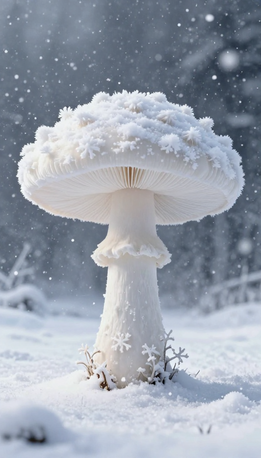 雪中巨蘑菇：8K仙境奇景