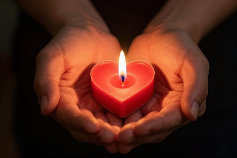 温情烛光祈愿：红心蜡烛与双手的深情守护
