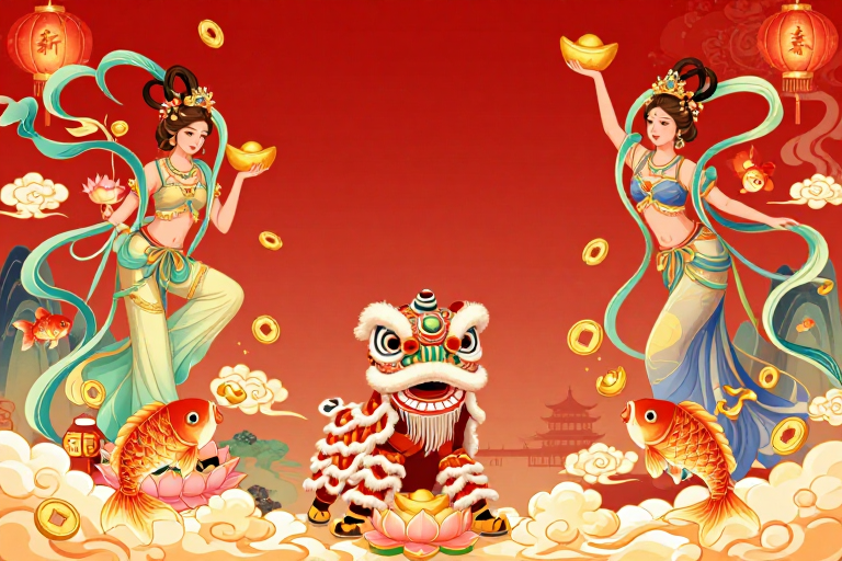 国潮新年双仙舞狮锦鲤贺岁图