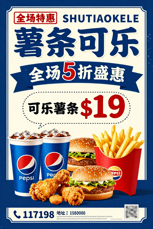复古蓝白撞色薯条可乐促销海报