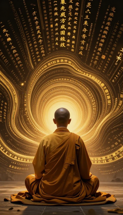禅意打坐:金色经文环绕的静谧画面