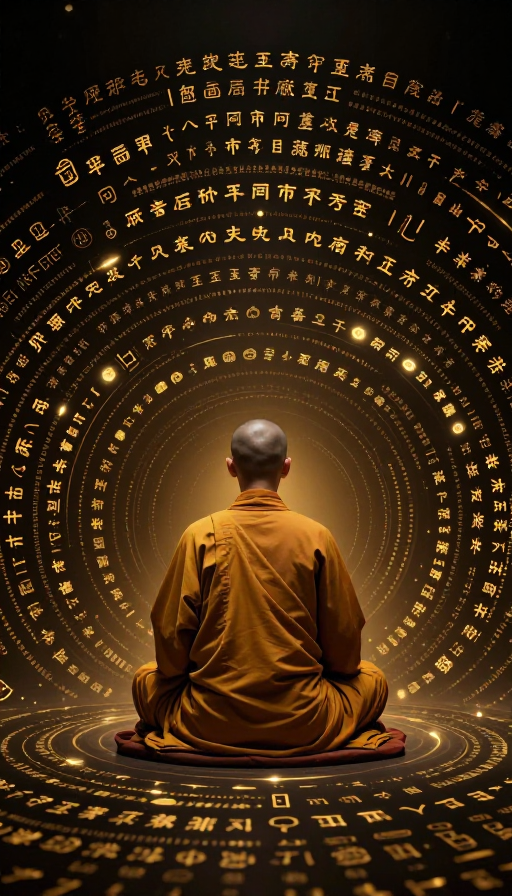 禅意金色波纹：僧人背坐打坐与经文环绕的艺术瞬间