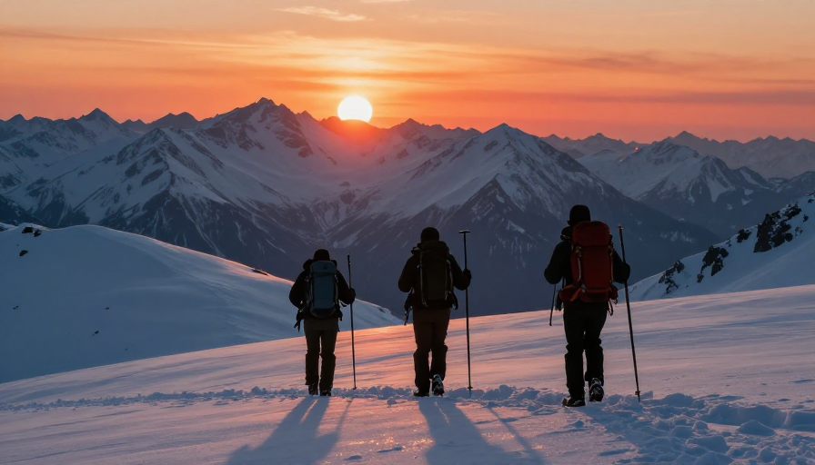 雪脊攀登：逆光下的勇毅剪影