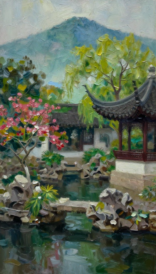暗调现代油画：苏州繁花似锦的梦幻园林美景