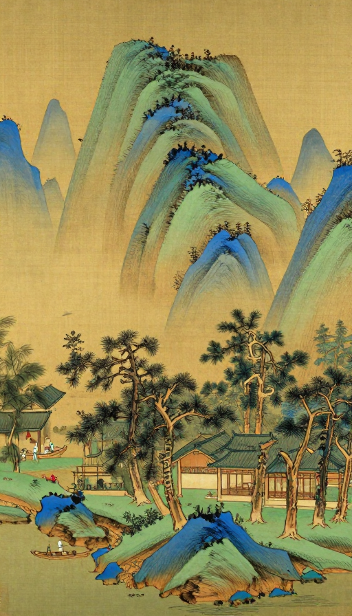 古韵山水:传统水墨意境与金色背景的诗意画卷