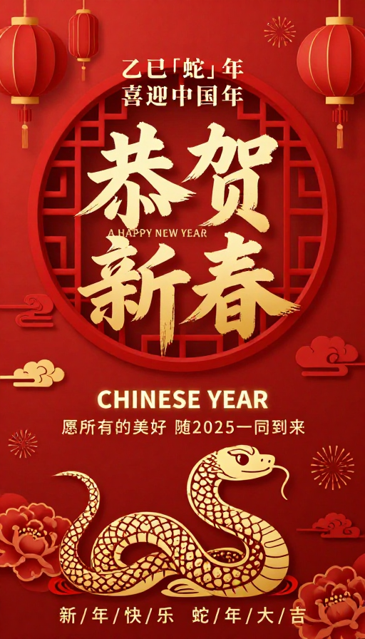 2025蛇年中国风新年海报：金色书法与吉祥元素