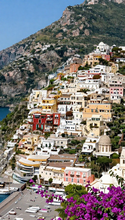 意大利波西塔诺全景：彩色小屋与碧海蓝天