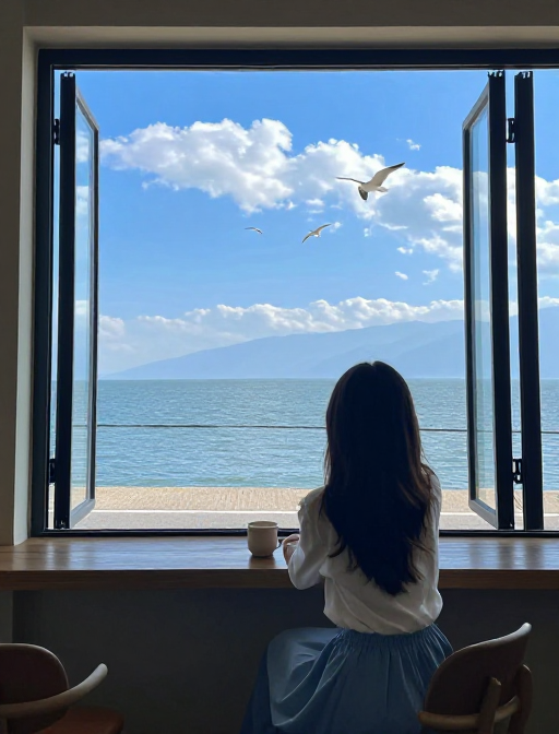 窗边静谧：女子凝望碧海蓝天
