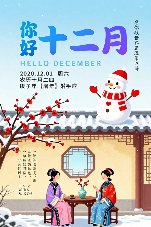冬日温馨插画：你好十二月