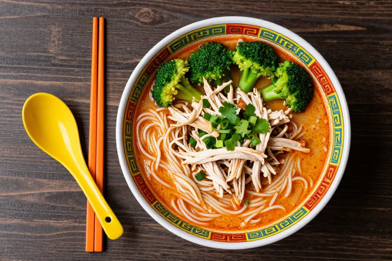 泰式红咖喱鸡肉米粉诱人特写，高清摄影美食宣传图