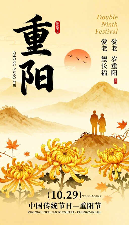 暖金水墨重阳海报：传统佳节温情呈现