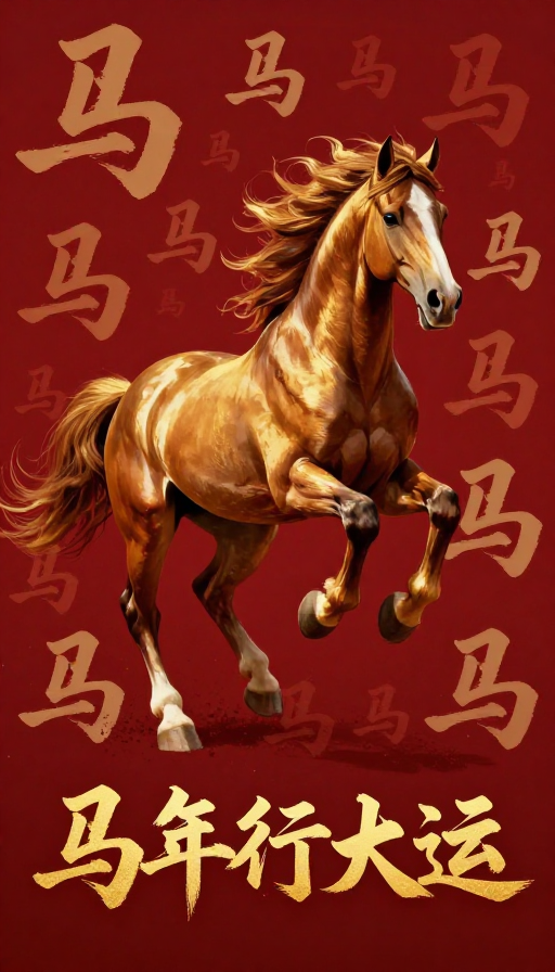 深红金棕马年海报,书法骏马奔腾传递喜庆吉祥