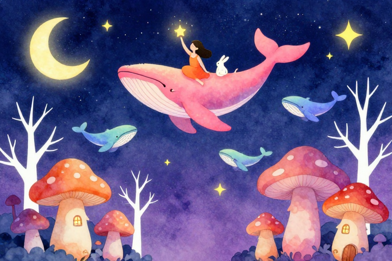 梦幻星空：粉橙鲸鱼载童话夜游