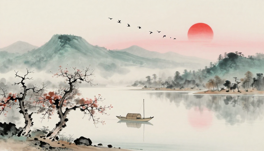 水墨山水意境图：青灰远山与朱红落日下的静谧留白空间