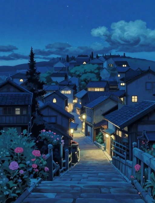 宫崎骏夜景：静谧小镇与梦幻星光
