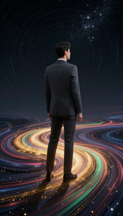深空之下的星河凝视:西装男子的科幻瞬间