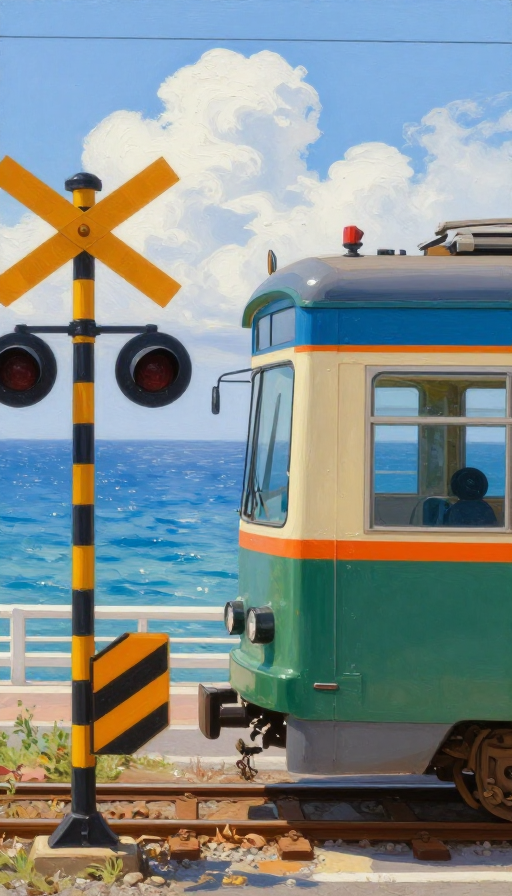 碧海蓝天下的橙色电车,清新写实的油画风景