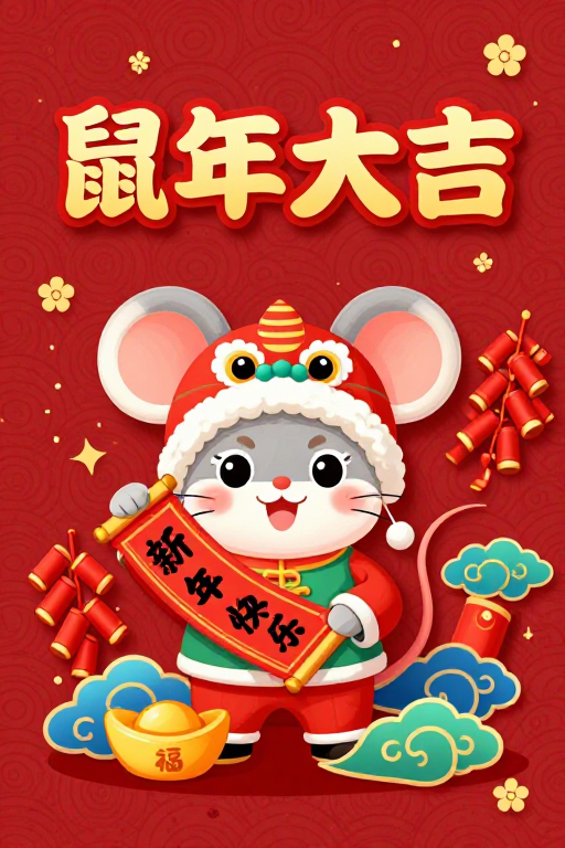 鼠年大吉：红金配色中式新年卡通插画海报