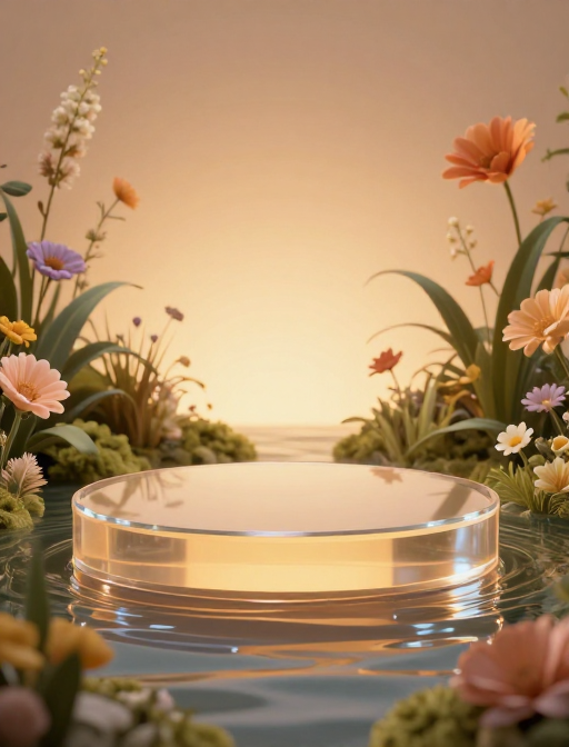 水中花海环绕的透明圆形展台，电影感摄影作品