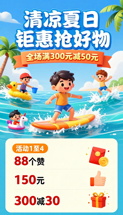 夏日童趣促销:卡通冲浪狂欢购满额立减