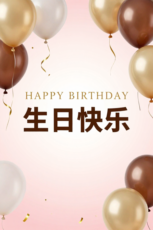 粉金渐变生日快乐主题设计:优雅气球与丝带领航庆祝氛围