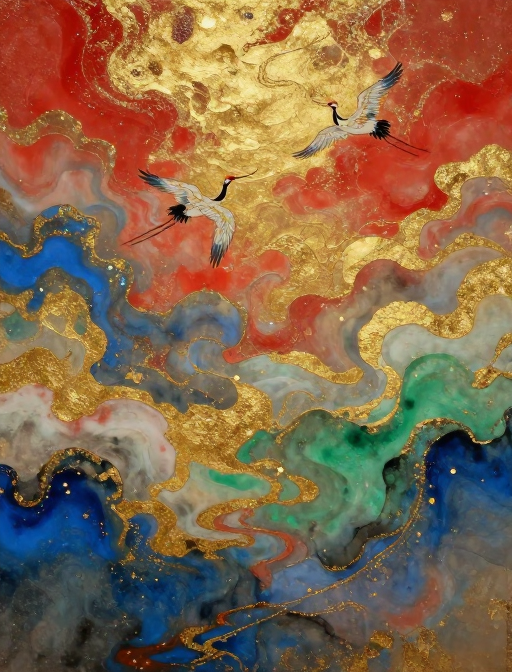 仙鹤云端行·岩彩金箔古风画卷