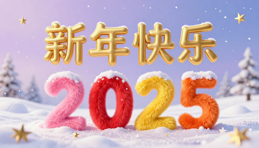 金色毛绒新年文字与彩色数字悬浮雪地