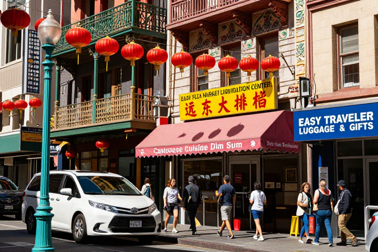旧金山唐人街繁华街景：红灯笼与中华美食招牌共舞