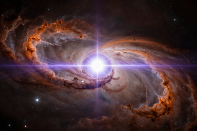 紫白喷流与橙红星云交织的宇宙星系核奇观
