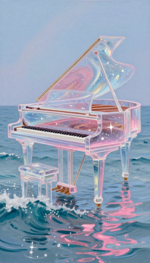 透明钢琴缀星光彩浪油画幻境