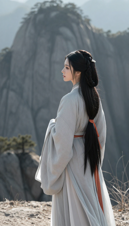 古风长发美女立于山巅俯瞰