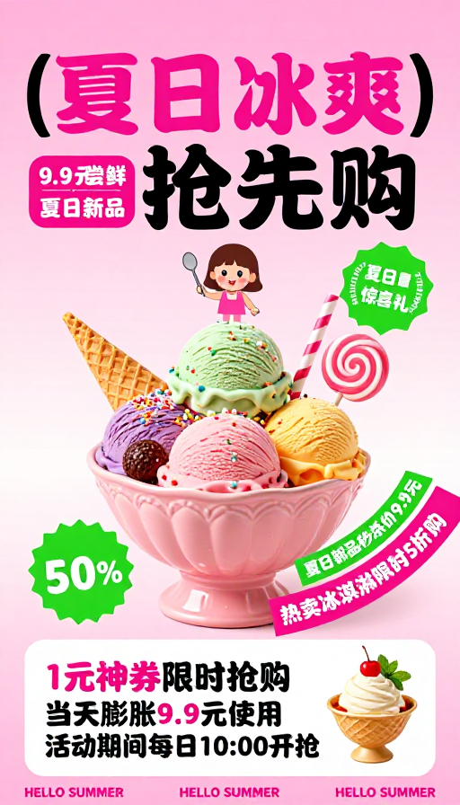 夏日粉调冰淇淋促销海报：限时优惠抢先购