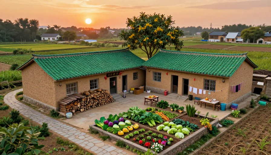 夕阳下的70年代农家小院：治愈系写实插画