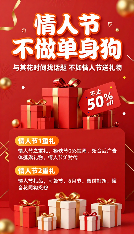 红色喜庆情人节促销海报,拒绝单身送好礼