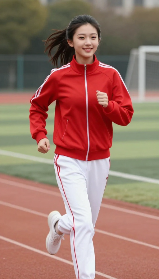 青春活力的运动少女:红白运动装微笑瞬间