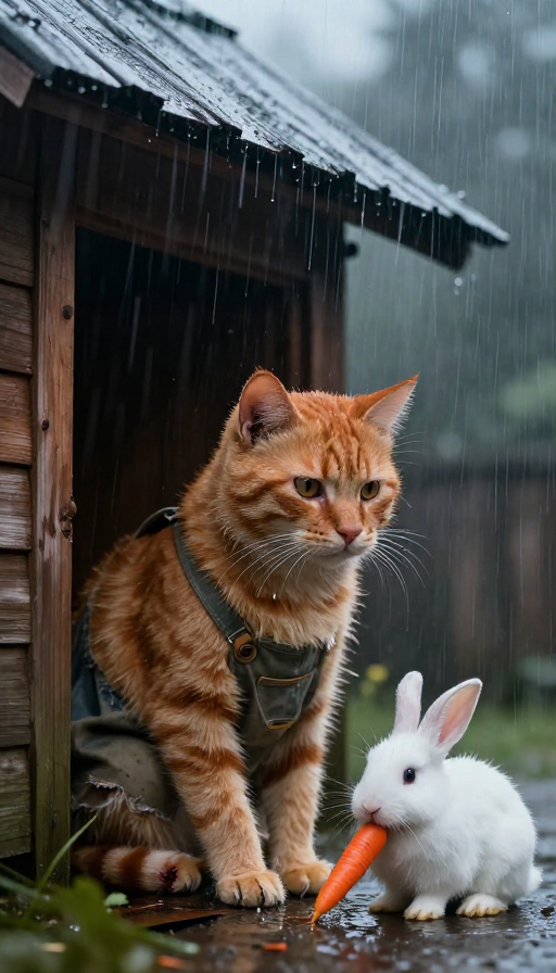 雨夜悲歌:伤痛的橘猫与温柔白兔