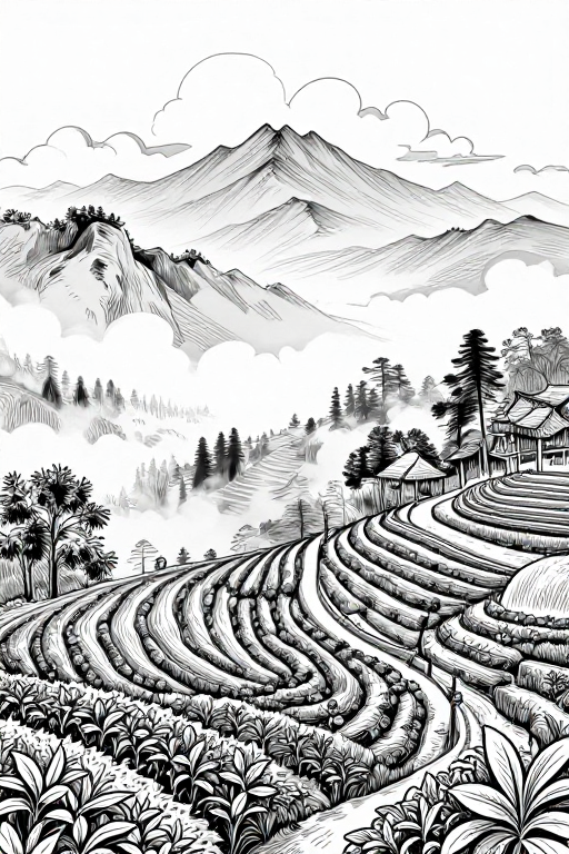 刀刻线条南本老寨云雾茶林风景画